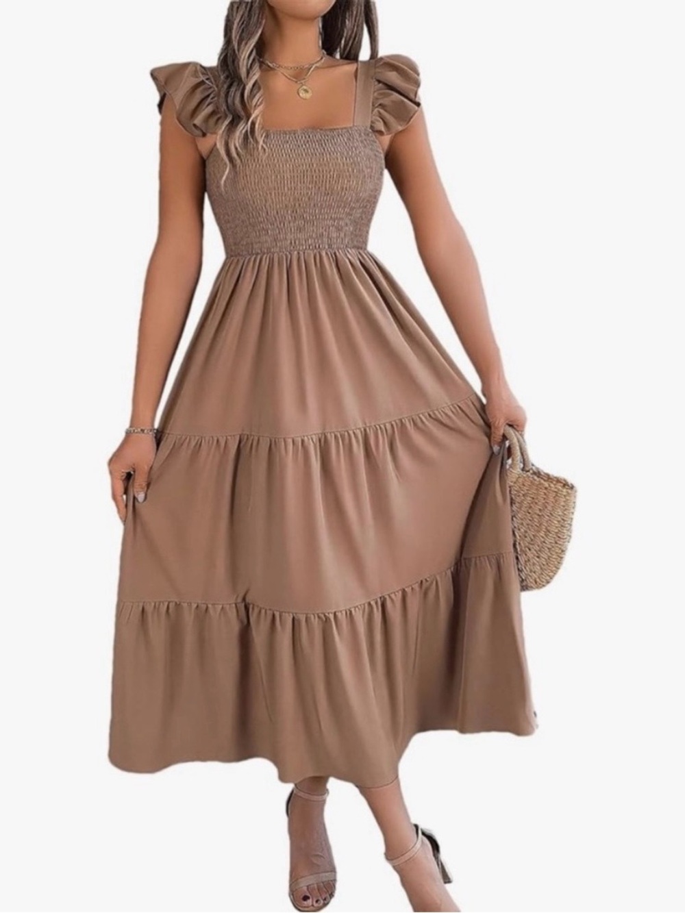 Brown Square Neck Sleeveless Summer Midi Tiered Dress, Size Small
